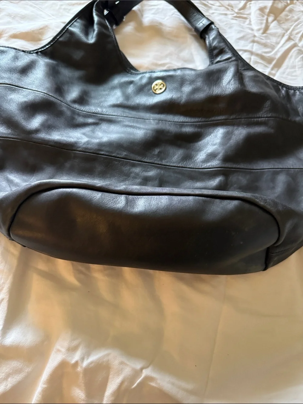 Tory Burch Black Leather Shoulder Tote with Gold Logo